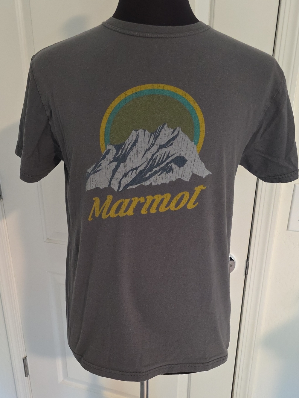 Marmot Charcoal Graphic Mountain Tee with Yellow & Teal Accents